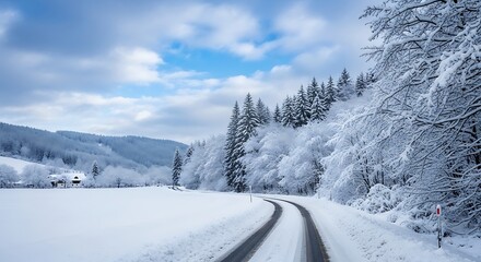 Snowy road winding through a forest in winter landscape