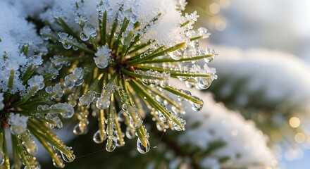 Closeup of pine tree branch covered in snow and ice