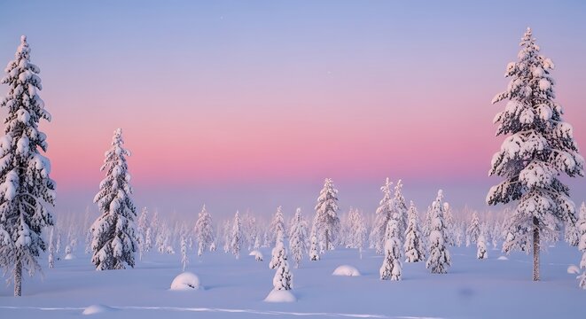Winter forest landscape with snow covered trees at sunset