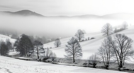 Misty winter landscape with snowcovered hills and trees