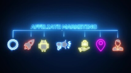 Businessman showing glowing neon line banner of affiliate marketing concept with icons of merchant, website, sales, seo, link, tracking,
