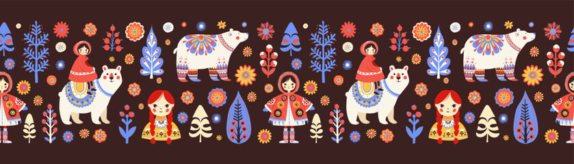 Scandinavian Folk Pattern with Polar Bears and Girls , Cozy Winter Seamless Design. Cute Nordic Fairy Tale Pattern Frame Border with dark backgrounds. Children Winter Print. Vector Illustration
