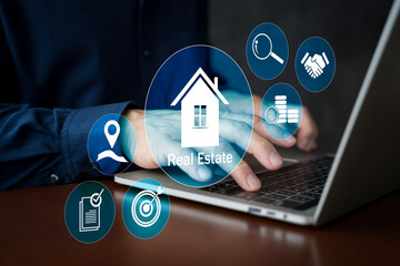 Real estate investment concept with business person using laptop and digital icons of property management
