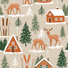 Seamless vector pattern with mountain chalet, deer and ski equipment. Hand drawn winter woodland landscape. EPS 10 vector file. Perfect for textile, wallpaper or print design.