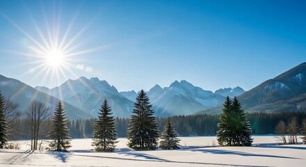 Bright sun shines over a snowcovered mountain landscape
