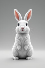 Obraz premium Cute realistic white rabbit standing on hind legs with long ears and soft fur, detailed close-up isolated on gray background, adorable wildlife pet