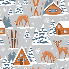 Seamless vector pattern with mountain chalet, deer and ski equipment. Hand drawn winter woodland landscape. EPS 10 vector file. Perfect for textile, wallpaper or print design.
