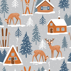 Seamless vector pattern with mountain chalet, deer and ski equipment. Hand drawn winter woodland landscape. EPS 10 vector file. Perfect for textile, wallpaper or print design.