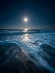 Serene ocean waves bathed in moonlight and stars creating a tranquil night seascape with a glowing reflection on the water s surface