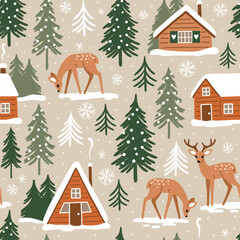 Seamless vector pattern with mountain chalet, deer and ski equipment. Hand drawn winter woodland landscape. EPS 10 vector file. Perfect for textile, wallpaper or print design.