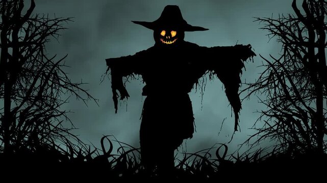 Halloween scene; in the darkness of the forest, the evil spirit in the body of the scarecrow rises