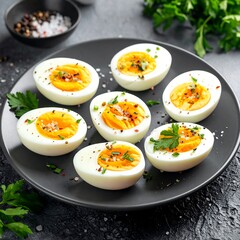 Halved eggs, seasoned on a gray plate, surrounded by herbs and spices