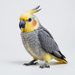 Close-up of a colorful cockatoo bird with vibrant yellow gray and white feathers perched on a plain light background showcasing exotic wildlife aspects