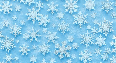 Close up of many white snowflakes on a light blue background