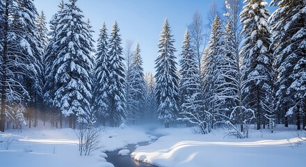 Snowy forest with a stream and mist on a clear day