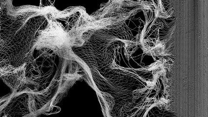 3d video art Intricate white mesh lines form abstract, flowing wave patterns against a black backdrop. The image evokes a digital fabric or neural network with high complexity and motion-like depth