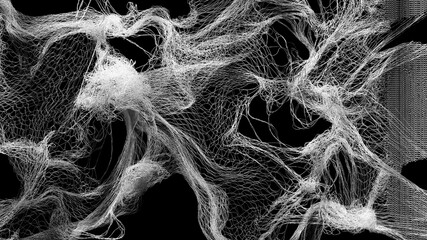 3d video art Intricate white mesh lines form abstract, flowing wave patterns against a black backdrop. The image evokes a digital fabric or neural network with high complexity and motion-like depth