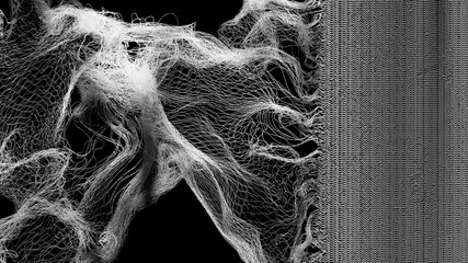 3d video art Intricate white mesh lines form abstract, flowing wave patterns against a black backdrop. The image evokes a digital fabric or neural network with high complexity and motion-like depth