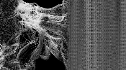 3d video art Intricate white mesh lines form abstract, flowing wave patterns against a black backdrop. The image evokes a digital fabric or neural network with high complexity and motion-like depth