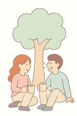 Couple Sitting Under Tree – Minimal Flat Scene