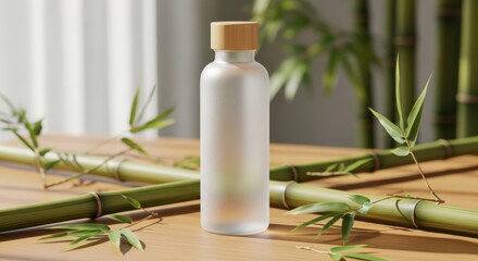 Frosted glass bottle with bamboo lid surrounded by bamboo stalks and leaves on wooden surface natural