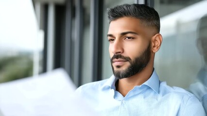 Middle Eastern businessman with neatly trimmed beard, leaning on window railing, reading financial report - Powered by Adobe