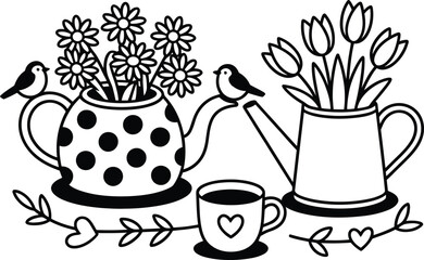 Charming floral tea party with birds, daisies, tulips, and heart-shaped details for spring