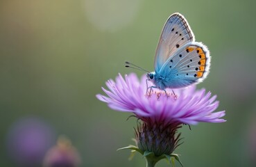 Obraz premium A blue butterfly with orange spots sits on a purple flower. Delicate wings are illuminated by soft sunlight. This macro photo shows an insect on a plant, capturing peaceful life in summer.