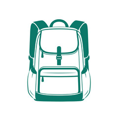 Teal green backpack graphic with straps and pockets on white background travel