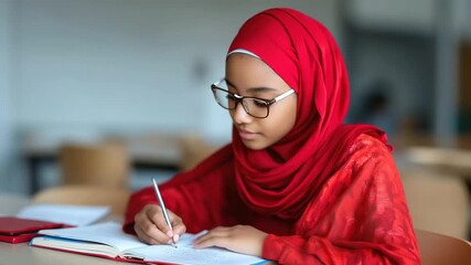 ortrait of a Muslim teenage girl wearing red hijab and glasses, sitting at school desk, writing notes in notebook, focused expression, modern classroom background. Muslim girl - Powered by Adobe