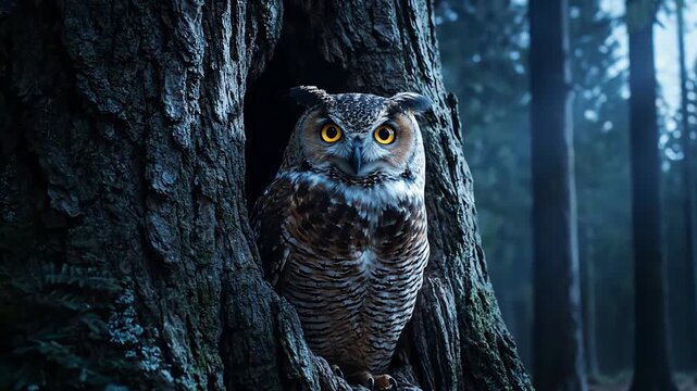 Mystical Night Watch: A Great Horned Owl Observes from its Forest Haven in Tranquil Ambiance, Surrounded by the Enigmatic Beauty of the Night
