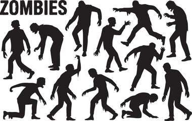 Collection of diverse zombie silhouettes in various poses and movements against a white background