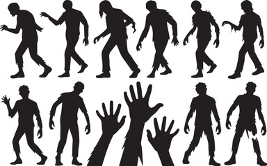 Silhouettes of a horde of zombies walking and reaching out their hands