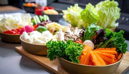 Fresh, colorful vegetables, artistically arranged in golden bowls