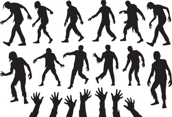 Collection of silhouetted zombies walking and reaching upwards in a group