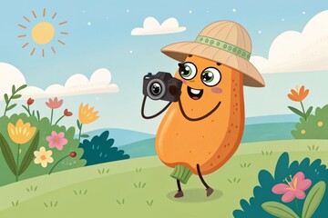 Fototapeta premium Cartoon papaya taking photos in sunny outdoor tourist location vibrant nature photography fun adventure scene