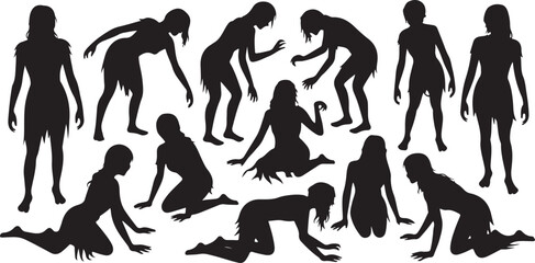 Collection of diverse female silhouettes in various dynamic poses and actions