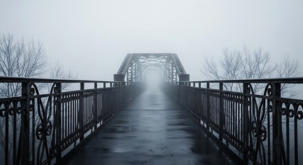 Mysterious bridge shrouded in thick fog