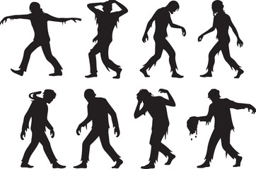 Collection of eight distinct zombie silhouettes in various walking poses and states of decay