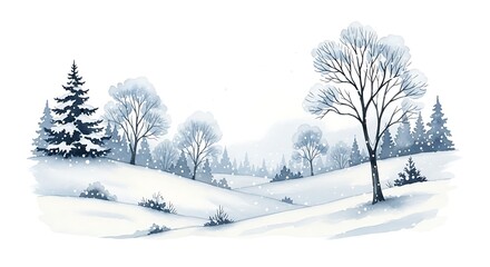 Fototapeta premium Winter landscape with snow covered trees and hills