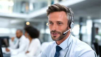 Smiling businessman in headset working in modern office, colleagues blurred in background, customer service and professional communication concept. businessman headset, modern offi - Powered by Adobe