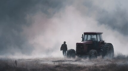 Fototapeta premium A solitary farmer silhouetted against the mist walks away from a large red tractor in a rural field bathed in soft diffused light
