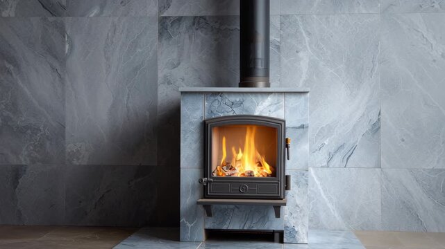 Modern Blue fireplace with sleek stylish design. Black metal chimney, stone base. Contemporary living room space gray walls. Minimalist ambiance. Interior of house. Gas hearth with burning fire flame