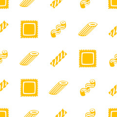 Bright yellow seamless food pattern featuring various snacks, bread, and pasta icons. Perfect for packaging, wrapping paper, menu background, or branding design.