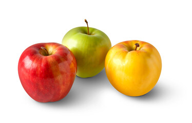Three apples of different colors red green and yellow on a black background on transparent background