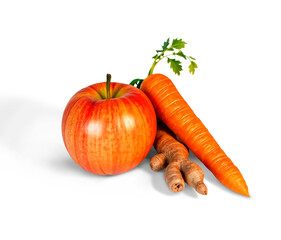 An apple a carrot and a ginger root are arranged together on a dark surface on transparent background