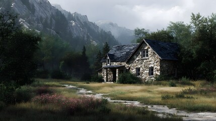 A rustic stone cottage sits nestled in a serene mountain landscape with a path leading through wildflowers and a misty forest