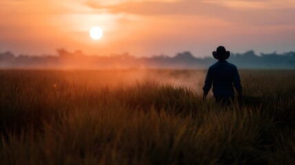 Farmer walking through a misty rice field at sunrise bathed in golden light