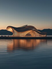 An architectural building in the shape of a wave design at dusk with a reflection on the water surface during golden hour lighting in front of mountains and the sea