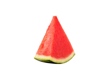 A single triangular slice of watermelon with rind on a black background view on transparent background